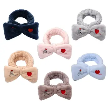 

Korean Womens Thick Coral Velvet Headband Cute Big Bowknot Finger Heart Embroidered Wide Hairband Makeup Shower Elastic Turban