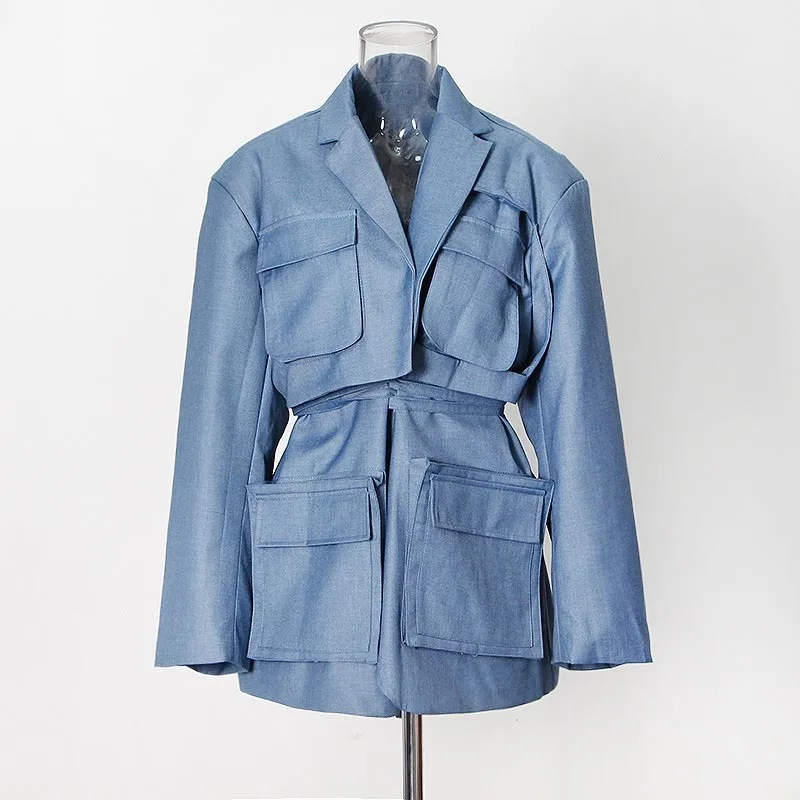 

Patchwork Pockets Casual Coats For Women Notched Long Sleeve Tunic Minimalist Vintage Blazers Female 2021 Clothing
