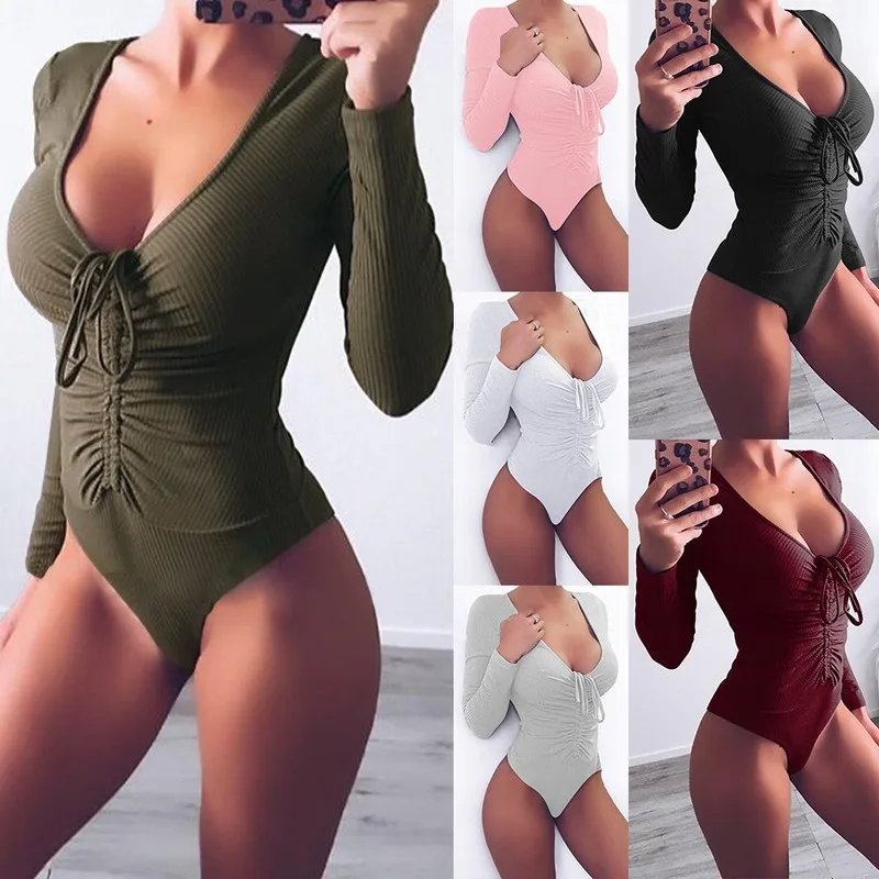 Sexy Onesie Bodycon Bodysuit Women Long Sleeve Bandage Solid Color Casual Rompers Deep V-Neck Ladies Jumpsuits Rumpers for | Женская