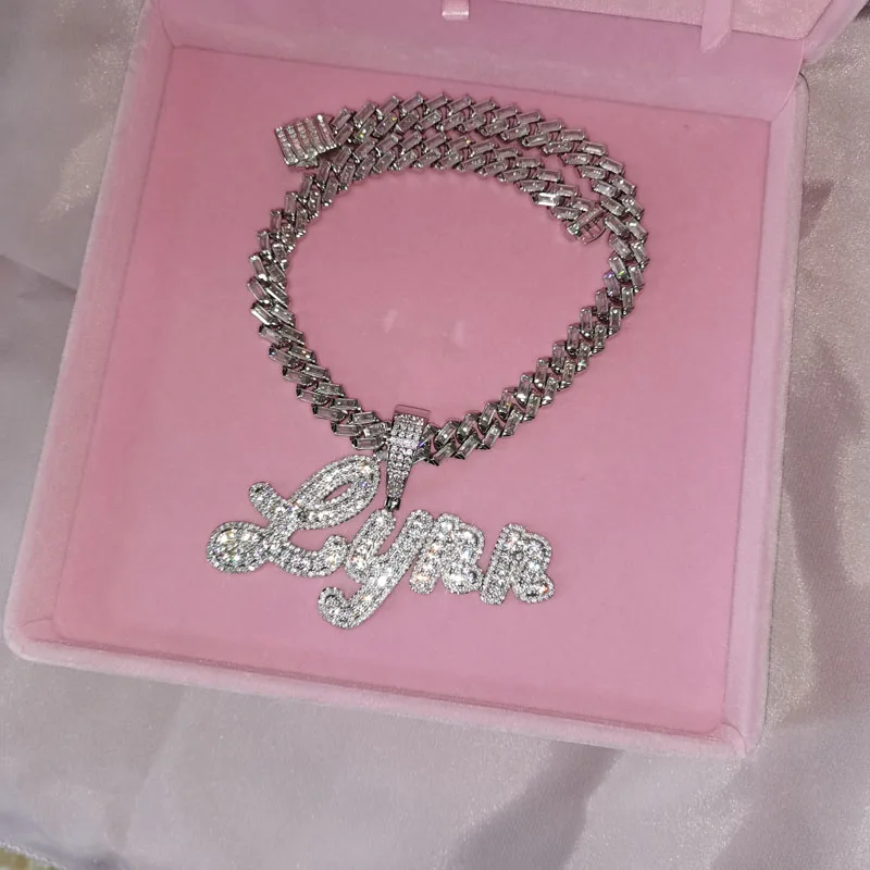Customized Name Pendant with Iced Out 12mm Baguette Cuban Chain Square Cubic Zirconia Necklace for Women or Men Gift