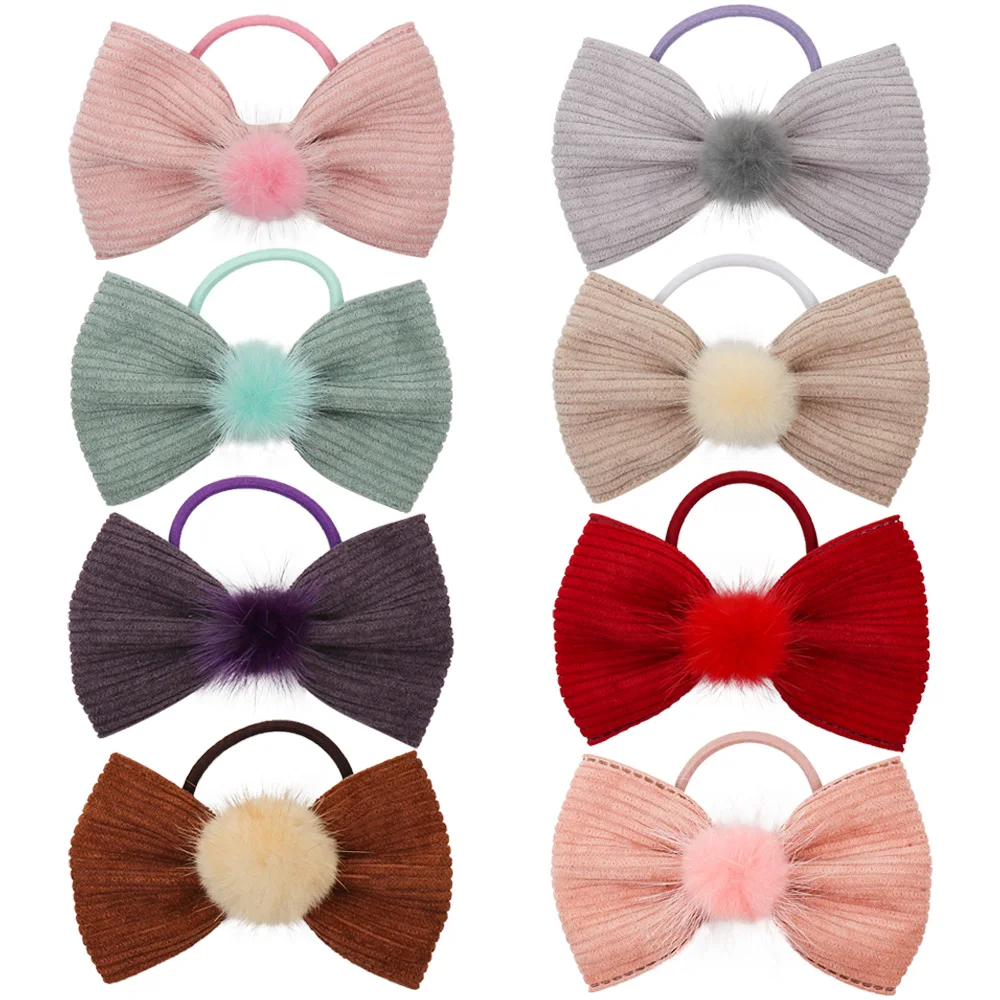 

4.5" Solid Velvet Hair Bows for Girls Elastic Hair Band with Fur Ball Handmade Pom Hair Rubber Band Girls Hair Accessories