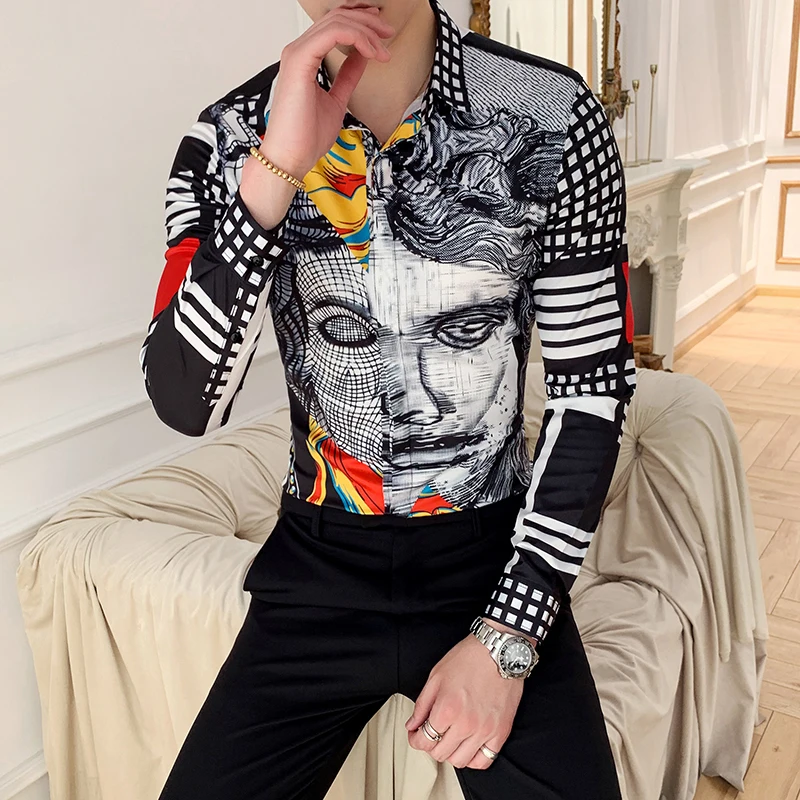 Дизайнерская мужская рубашка с рисунком Chemise Homme Manche Longue Mannen Kleding 6xl рубашка с принтом большого лица Мужская с длинным рукавом
