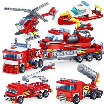 

348pcs Fire Fighting 4in1 Trucks Car Helicopter Boat Assembly Building Blocks City Firefighter Figures Man Bricks Children Toys