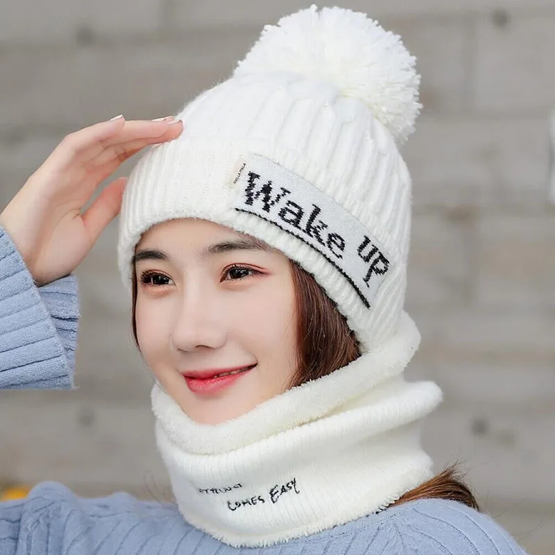 Hat scarf white Новая брендовая Зимняя Вязаная Шапка-бини, Женская Толстая теплая шапка куполообразная шапка, женские шапки-бини с буквами, уличные наборы для езды на велосипеде, нагрудник - Color: Hat scarf white