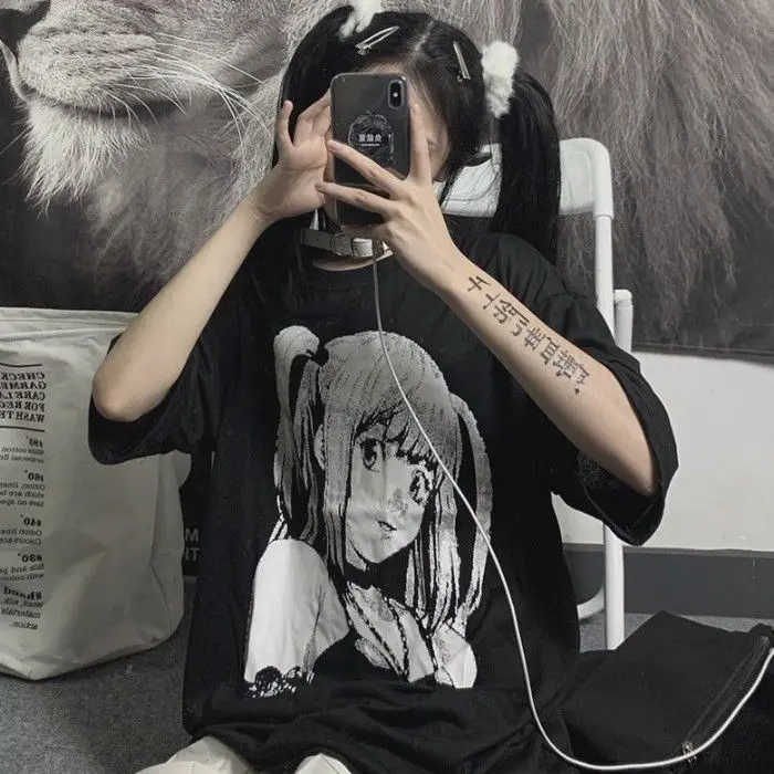 Anime Graphic T Shirts Women 2021 Summer Japanese Style Alt Clothes Aesthetic E Girl Top Mujer MINGLIUSILI Black Goth Tee Shirt