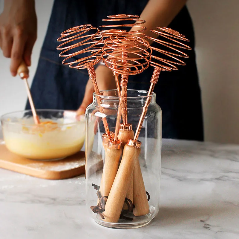 Light Luxury Rose Gold Egg Mixer Whisk Beech Wood Handle Stainless Steel Spiral Manual Kitchen Accessories Cooking Tools | Дом и сад