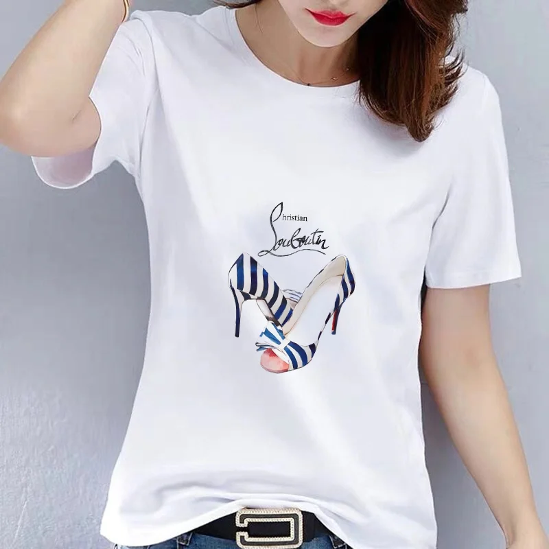 

New Women Summer T shirts High Heel T Shirt Lady Luxury Make Up Paris Style T-Shirt Causal Tops O-Neck Short sleeve
