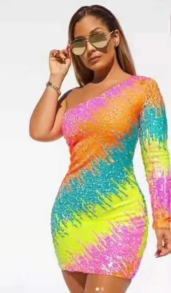 High Quality Spring Women Sexy One Shoulder Long Sleeve Sequins Bandage Dress Simly Tara 2020 Bodycon Fashion Female Party | Женская