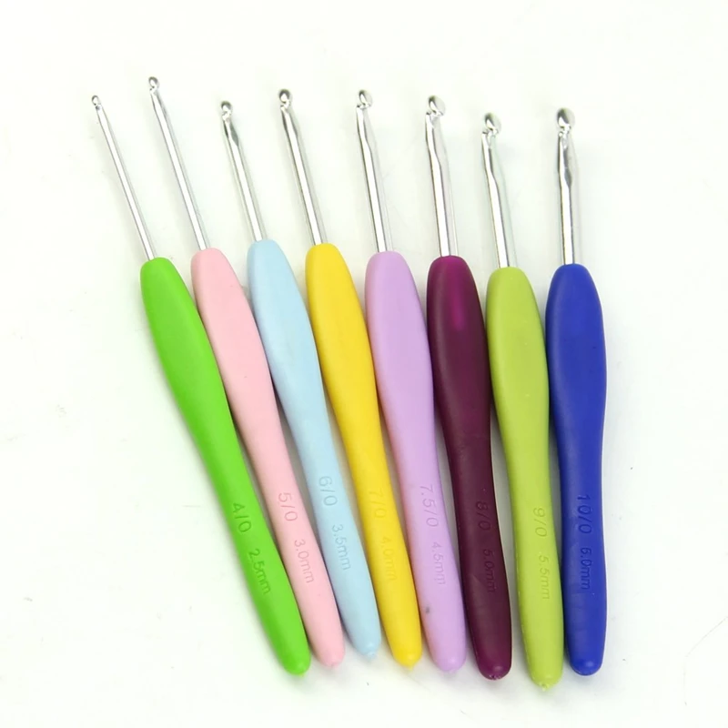 8 Size Multicolor Soft Silicone Handle Aluminum Crochet Hooks Knitting Needle