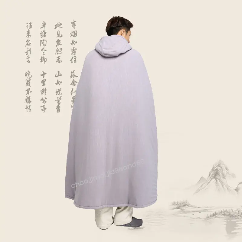 Mens Fleece Lined Hooded Cape Long Cloak Buddhist Monk Warm Thicken Robes Yin66 