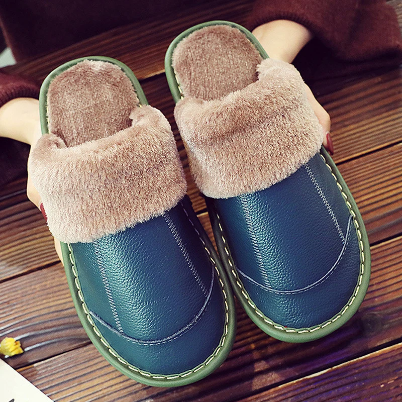 

Indoor Women Slippers high quality Cowhide patchwork fur slippers Ladies Waterproof warm home slippers Comfortable plus size