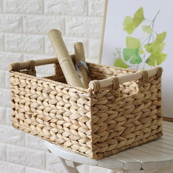 

Straw woven storage basket with wooden handle clothes sorting basket storage box organizer
