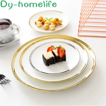 

6/8/10Inch Nordic Round White Phnom Penh Silver Edge Ceramic Plate Hotel Bone Porcelain Western Snack Dish Home Kitchen Supplies