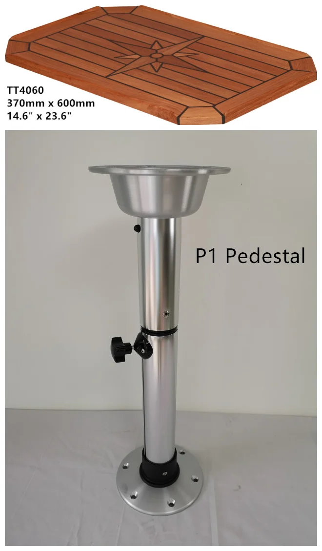370mm x 600mm Teak Table Top with Nautic Star and Cut Corners Marine Boat RV Caravan TT4060 - Color: TT4060 and Pedestal