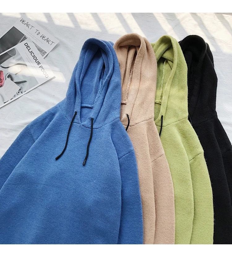 Winter Hooded Sweater Men's Warm Fashion Solid Color Casual Knit Pullover Men Wild Knitting Sweaters Male Sweter Clothes M-2XL