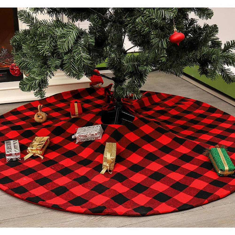 1 Pcs Christmas Tree Dress Ornament Classic Red And Black Plaid Christmas Tree Skirt Placed Gift Dress Up Family Venue Layout