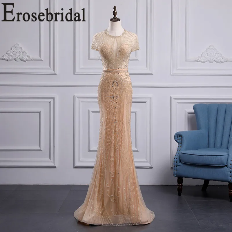 

Erosebridal Gold Mermaid Evening Dress Long 2020 Short Sleeve Luxury Beaded Formal Dress for Women Evening Gown 5 Colors