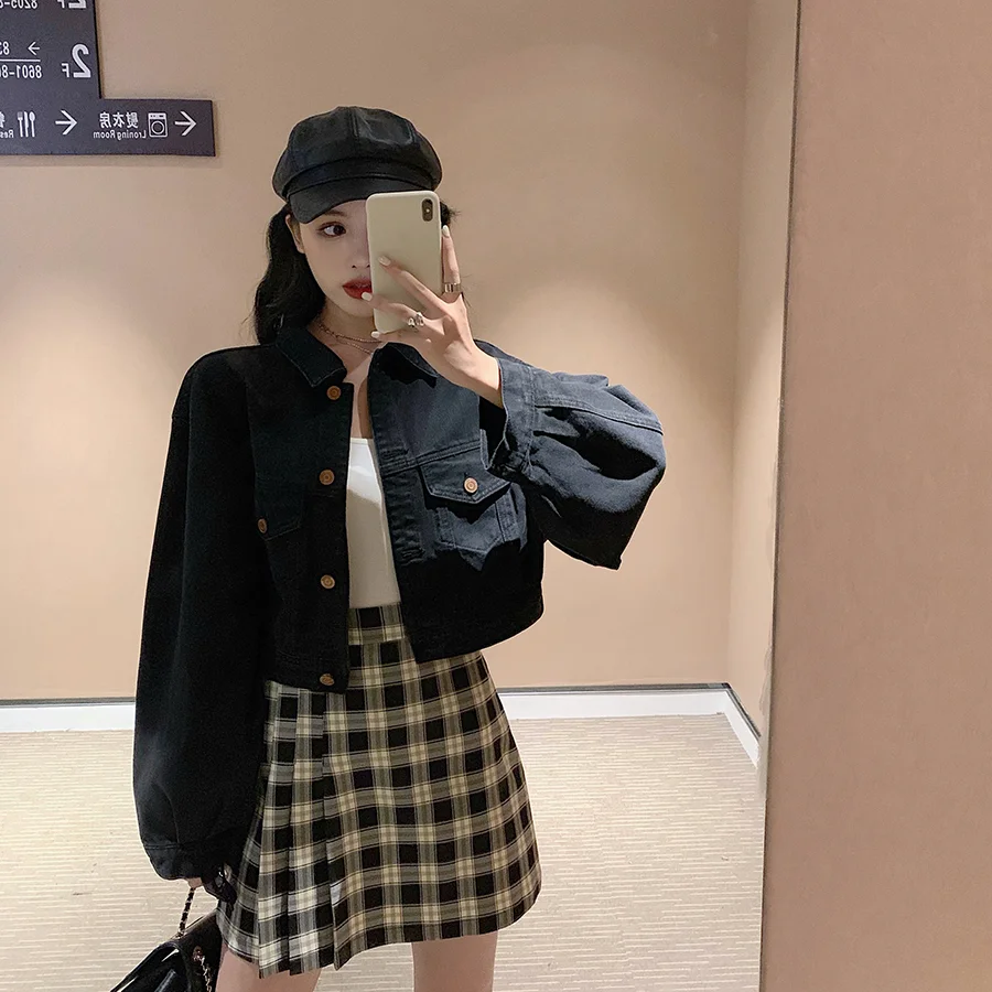 Осенняя новая Корейская шикарная Harajuku винтажная BF с длинными рукавами женская куртка короткая куртка воротник поло Свободная Женская модная джинсовая куртка