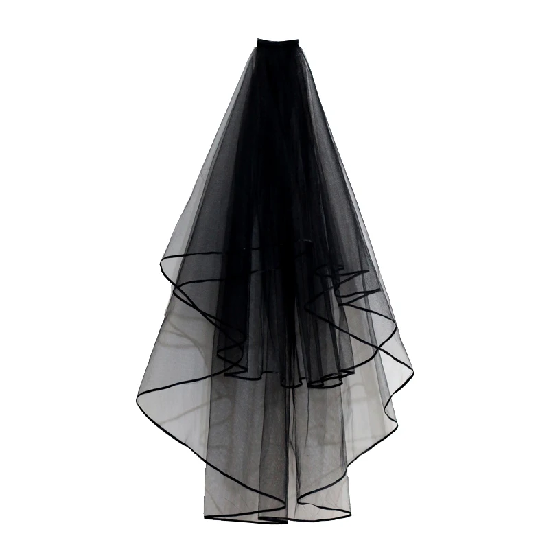 

Simple Black Bridal Veils Gothic With Comb Double Layers Short Ribbon Edge Bridal Shoulder Veil Soft Tulle Wedding Accessories