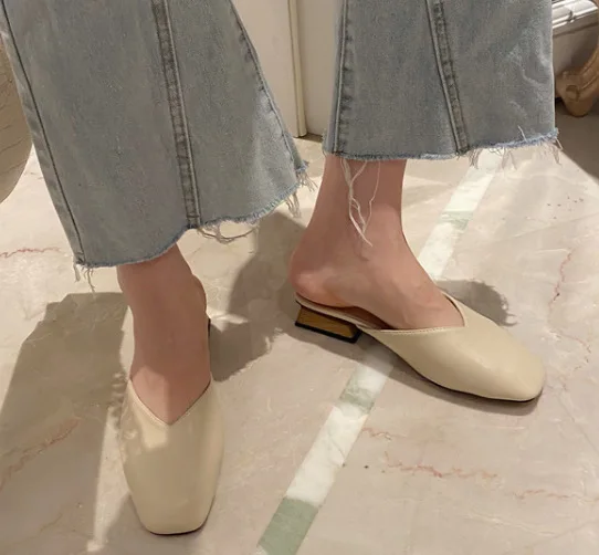 

Pot vintage genuine leather mules women low heels Korean sweety square toe simple lazy style summer holiday pumps
