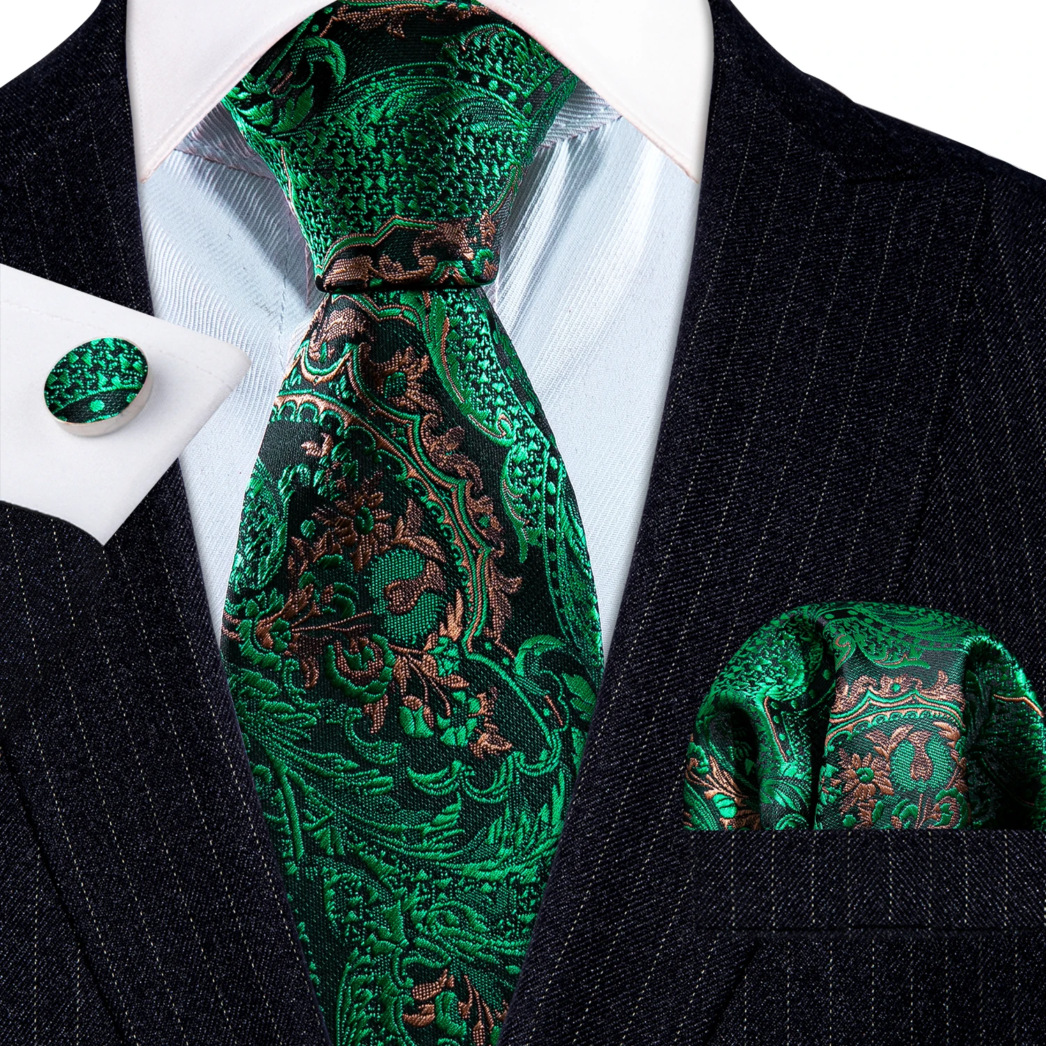 

New Green Paisley Silk Floral Men Tie Wedding Gift Barry.Wang Designer NeckTie Handkerchief Cufflinks Set Business Groom LN-6003