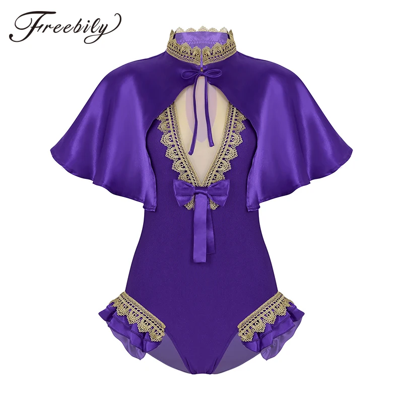 

Purple Shiny Satin Cape with Gymnastics Leotard Bodysuit Set Women Halloween Cosplay Party Circus Costume Adult Stage Dance Wear