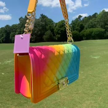 

2020 Fashion luxury rainbow purse chain lady colorful bags candy jelly hand bags handbags clear women purses handbag