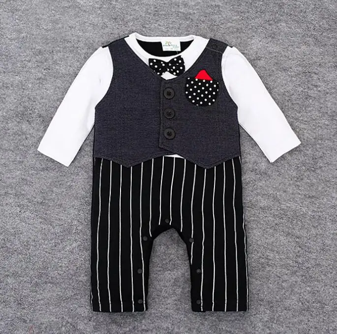 New Baby Boys Rompers Long Sleeve Turn-down Collar Bow Tie Gentleman Costumes Spring Autumn Cotton Infant Jumpsuits - Цвет: 316-B