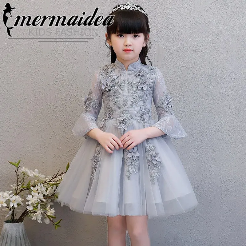 

New Children Girls Elegant Birthday Wedding Party Flowers Princess Lace Ball Gown Mesh Dress Baby Kids Red/Pink Pageant Gift