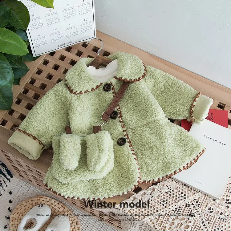 style 3 Medium and small children's lambskin blouse with bag winter new girls wool sweater coat Lapel long sleeve warm clothes - Цвет: style 3