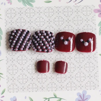 

24pcs Fashion Luxury Crystal Diamond Toenail Candy Color Fake Nails dark red