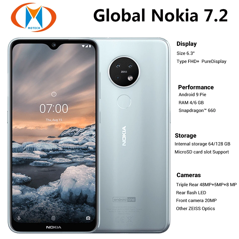 Совершенно глобальный Nokia 7,2 TA-1196 6 ГБ 128 Гб мобильный телефон с двумя sim-картами 6," 48MP Тройная Камера фронтальная 20MP NFC 4G LTE смартфон