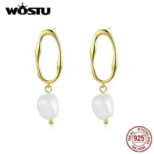 WOSTU настоящие 925 пробы серебряные серьги с простым дизайном золотого цвета круглые элегантные серьги с жемчугом для женщин CQE793