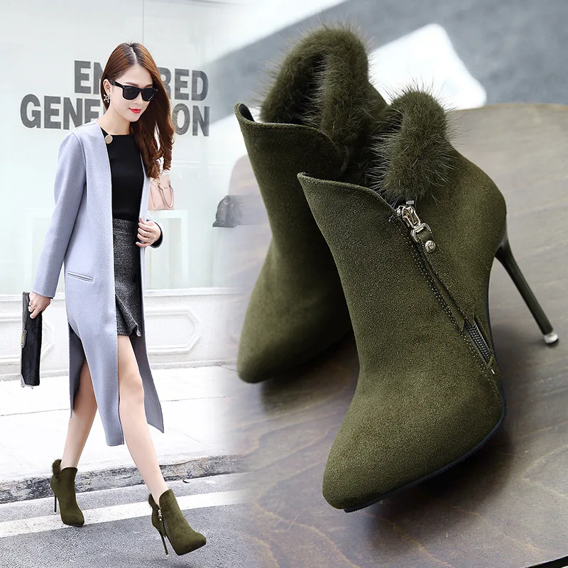 

Women's Short Boot Lady Boots Lace Up Pointe Shoes Zipper Luxury Designer Bootee Woman 2019 Ankle Ladies High Heel Pointy