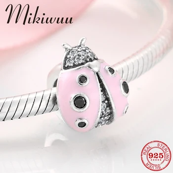 

Pink Enamel ladybug Clear CZ Stopper Spacer 925 Sterling Silver Silicone beads fits Original Mikiwuu charms Bracelet DIY Jewelry