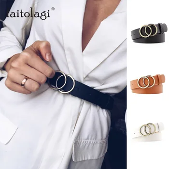 Модный кожаный пояс для джинсов с двойным кольцом и жемчужной пряжкой, женский ремень для платьев, черный, белый женский ремень, универсальн...