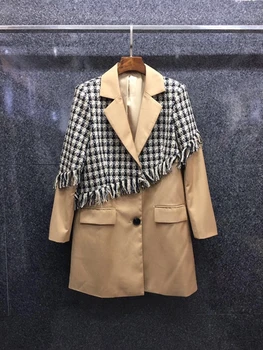 

2020 Early Autumn New Women's Lapel Color Matching Stitching Woolen Decorative Long Sleeve and Long Type Suit 822