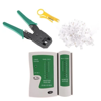 

Network Tool Cable Tester Kit Ethernet Crimp Crimper Pliers 100Pc RJ45 Plug Modular Connector CAT5 Cat5E