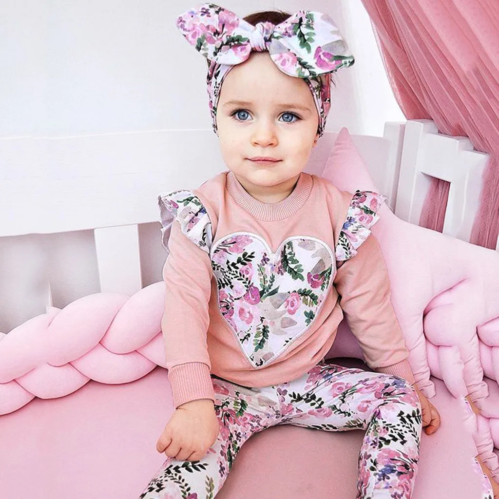 

Toddler Infant Baby Kids Girls Long Sleeve Ruffles Love Print Tops+Floral Pants+Headband 3pcs Autumn Casual Cute Fashion Outfits
