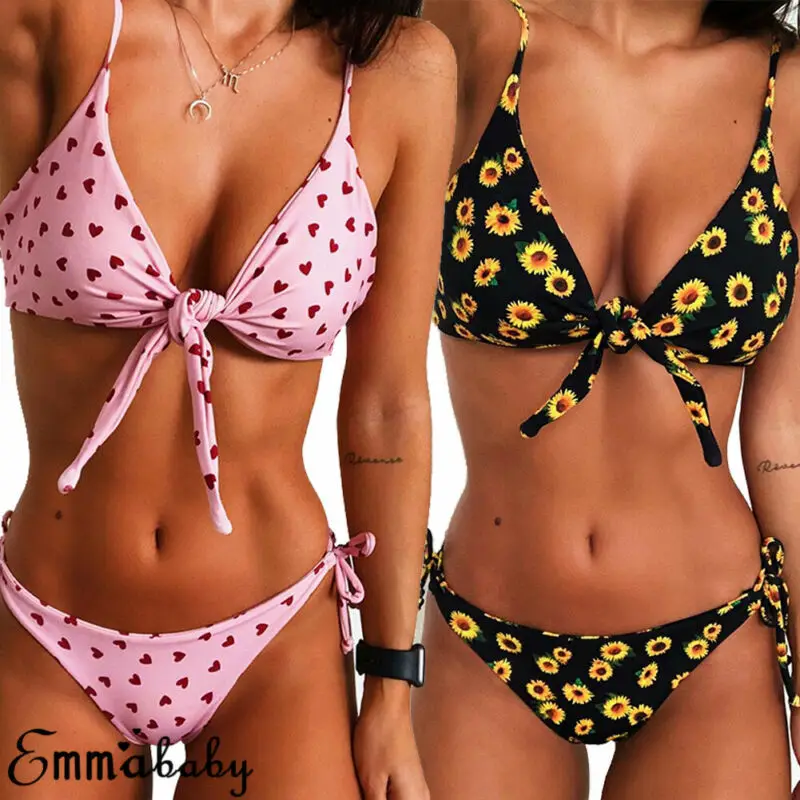 

Women Bikini Set Bandage Push-Up Padded Swimwear Swimsuit Heart Floral Print Bathing Brazilian 2020 Summer Holiday Beachwear New