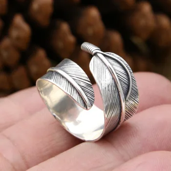 

925 Sterling Silver Biker Men Women Jewelry Popular Takahashi Simple Feather Opening Ring