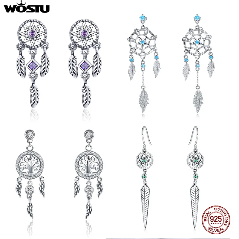WOSTU, 925 пробы, серебряные Висячие Серьги Ловец снов, циркониевые модные Висячие серьги для женщин, Свадебные Роскошные ювелирные изделия, подарки