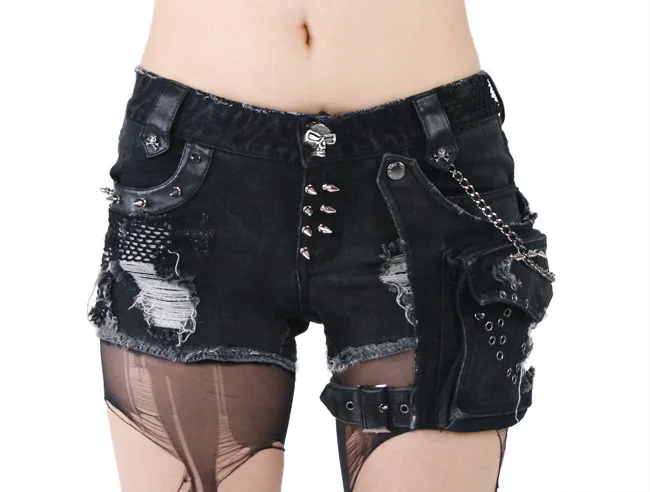 PUNK RAVE Women's Black Elastic Wash Water Denim Shorts Personality Handsome Punk Rock Short Pants