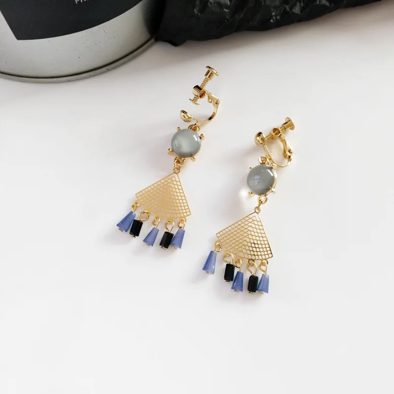 blue clip on Женские сетчатые клипсы с синим кристаллом, женские золотые серьги в форме веера, секторные клипса геометрической формы, серьги без проколов в ушах - Окраска металла: blue clip on