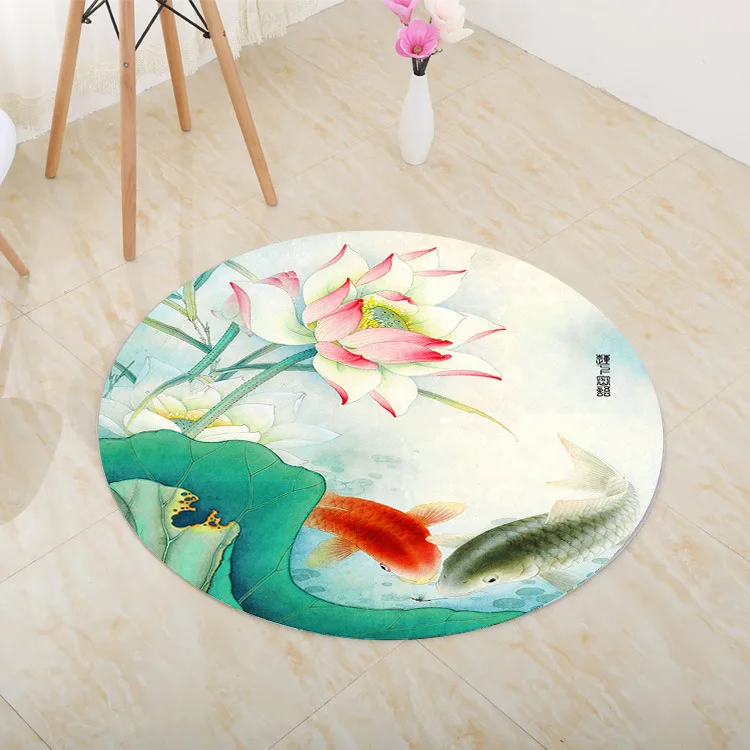 Модные ковры в китайском стиле, Зеленый лист, цветок лотоса, животное, карп, 3D узор, ковер для гостиной, тренд, спальня, Йога, круглый ковер