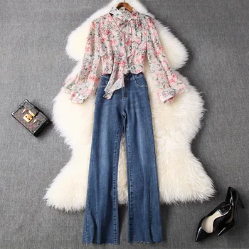 

Two Piece Set 2020 Spring And Summer Women's Bow Printed Loose Chiffon Blouse + High Waist Denim Micro Flare Pant Suits Female