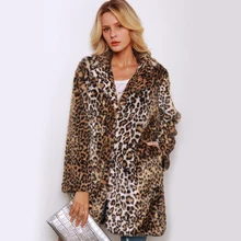 Leopard Print Fur Coat Women Winter Thicken Long Trench Coat Elegant Female Faux Fur Overcoat Turn Down Collar Fur Jacket