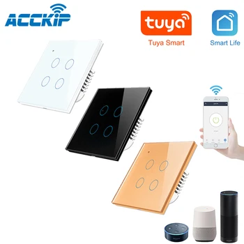 

ACCKIP WIFI Touch Light Wall Switch Black Gold White Glass Panel LED EU & UK Universal Smart Home Phone Control 4 Gang