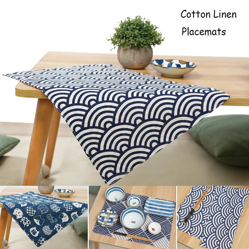 Japanese Style Placemats For Table Set Of 4 Double Layer Cotton Linen
