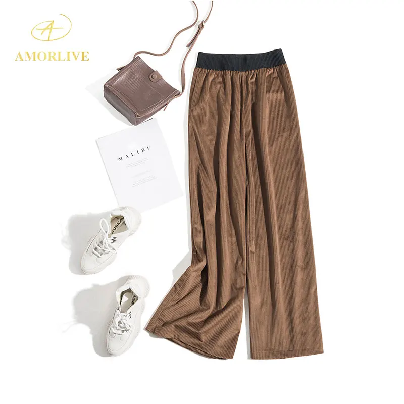 

AMOR LIVE 3D Black Velvet Elastic Waist Wide Leg Pants For Woman High Waist Loose Full Pants Fashion Casual Ladies Trousers